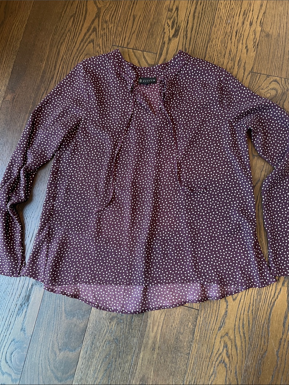 bobeau Burgundy Polka Dot Tie-Neck Blouse